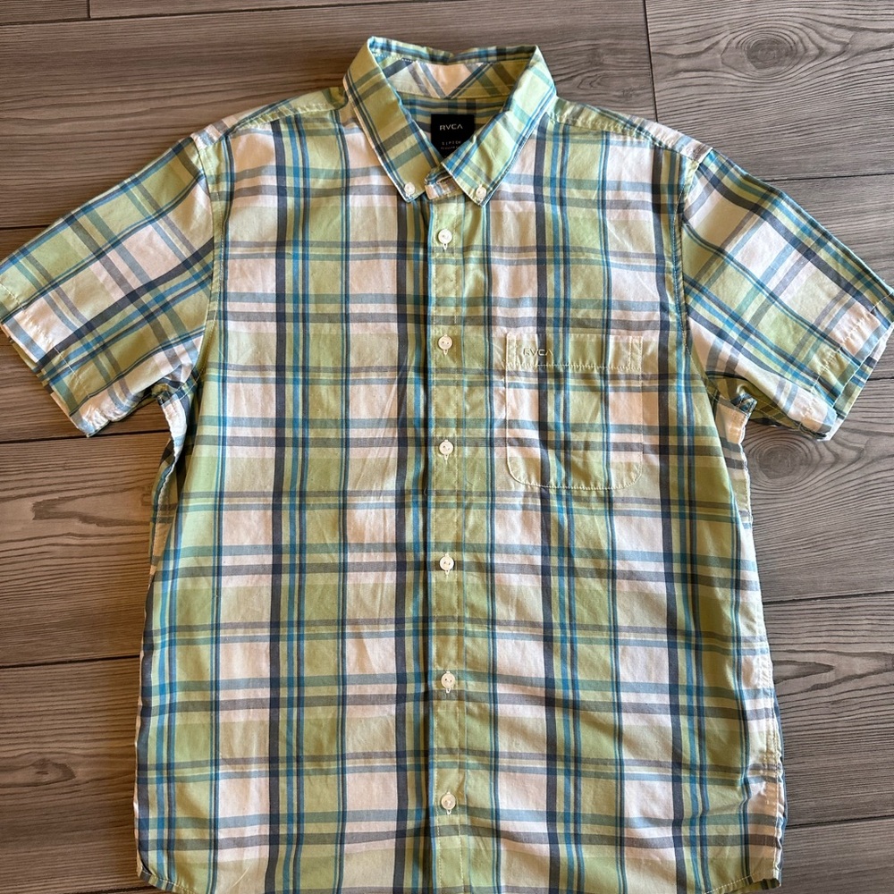 RVCA Men's Yellow and Blue Plaid Button Down Shirt